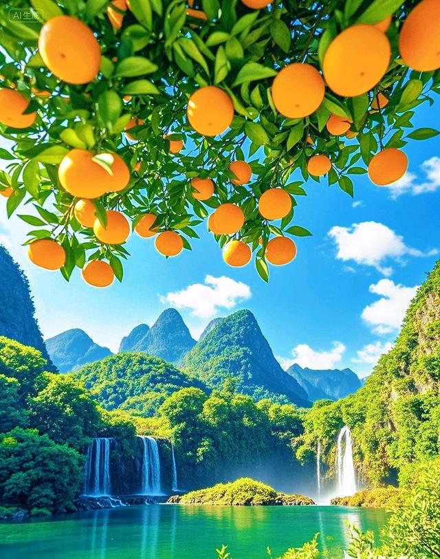 橙果垂枝，瀑落碧湖，山水间的治愈系盛景