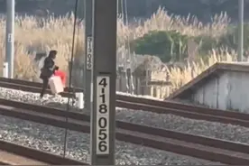 广东一女子走错站台又着急赶车，手提行李箱翻越铁轨图片