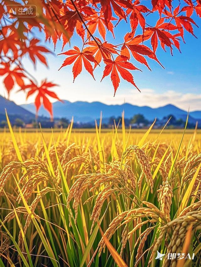稻浪金黄拥沃野，远山如黛秋意浓