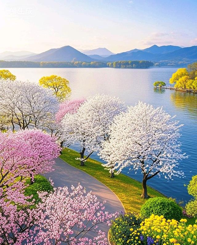 春满湖畔花径，醉在缤纷光影间