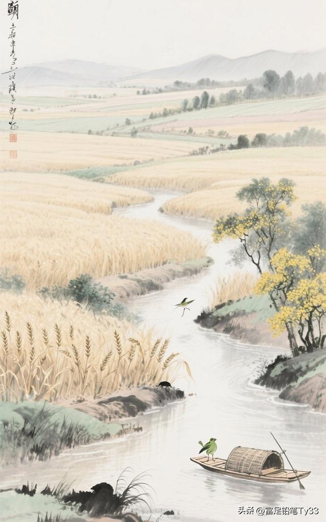 在田园风光中，划船的农夫与飞翔鸟儿，构成了一幅宁静的乡村画卷