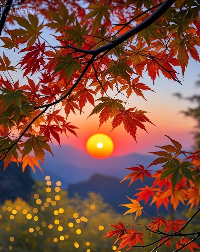 林间观日，枫叶似火
