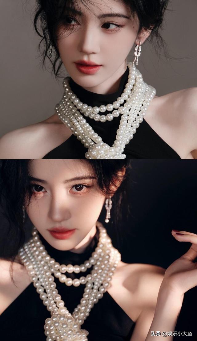 鞠婧祎出席星光大赏活动，黑色露肩长裙配珍珠项链，腰肢纤细好美