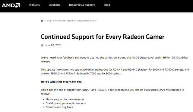 AMD正式发布公告：将继续为RX 5000、RX 6000系列显卡提供游戏优化