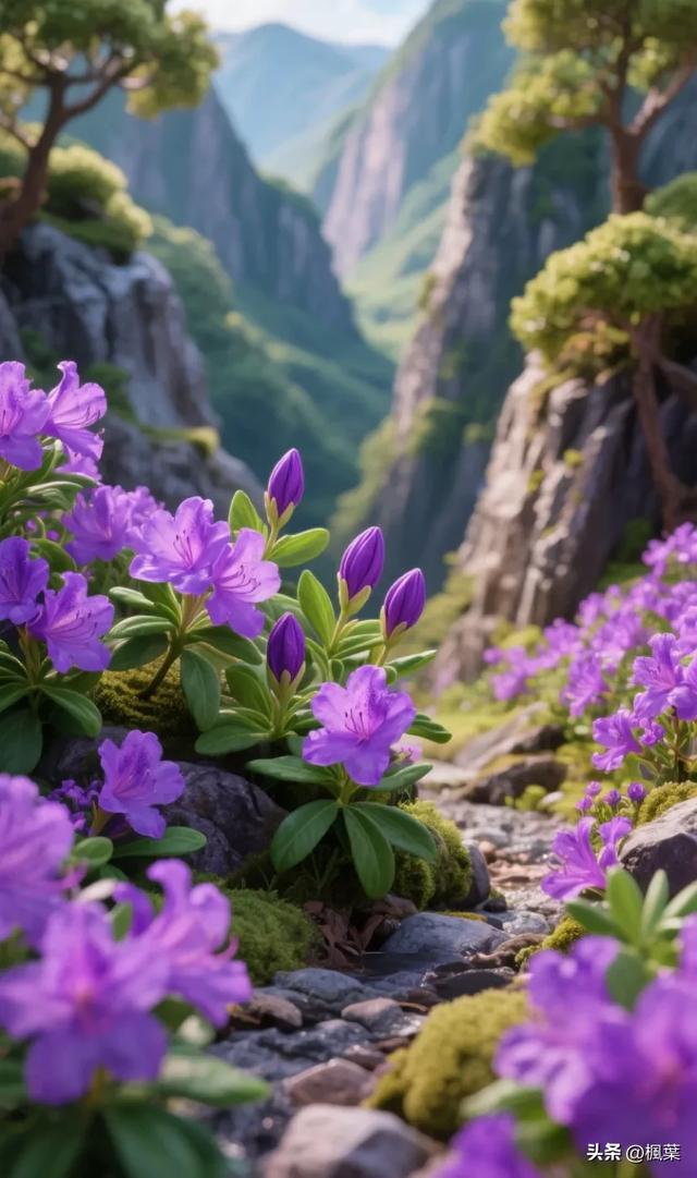 紫色杜鹃花盛开，山谷里独特的风景。