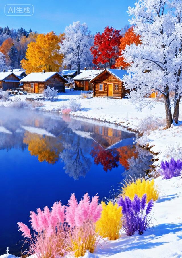 雾凇裹枝，湖映彩林，粉黄紫草绽于雪间，秋冬撞色绘仙境
