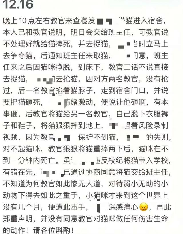 查寝摔猫致死宿管抱怨“被网暴”：“谁养的都不敢承认，怪得了谁”