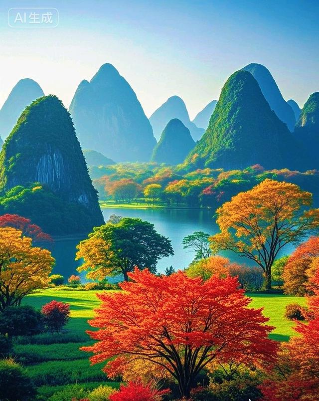 峰林秋意浓，碧水染层林