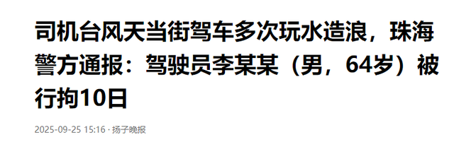 台风天开车“冲浪”后续：司机被行拘，身份遭扒，难怪做出这种事