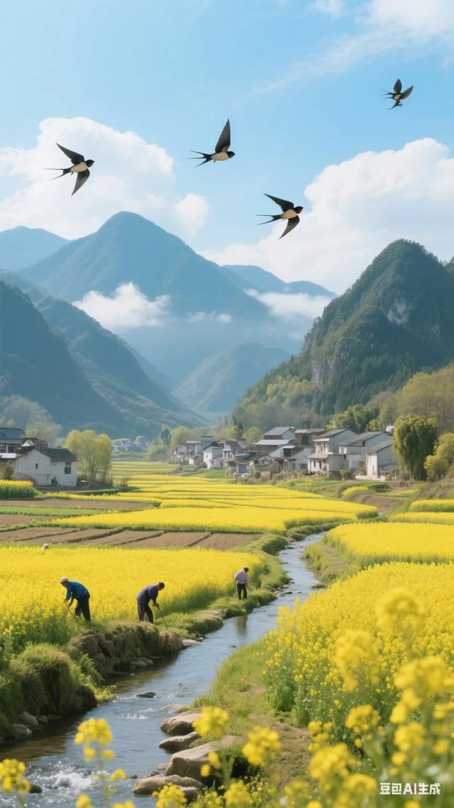 春日田园风光，金黄花海与山川相映成趣，鸟儿飞翔，人间仙境！