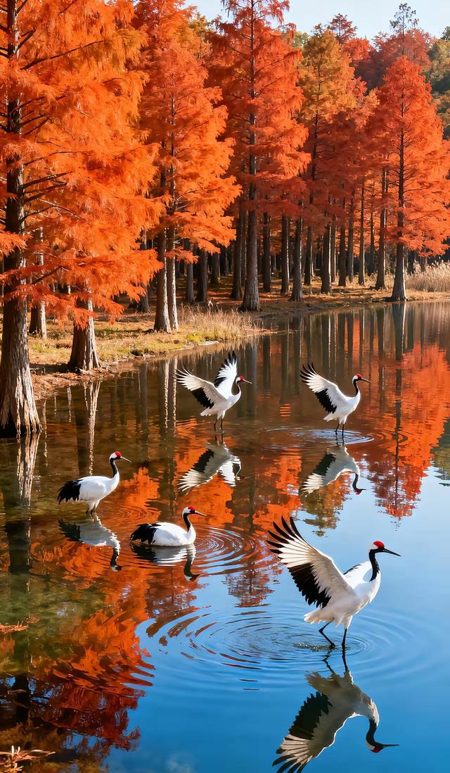 丹頂点秋红，林影酔湖光