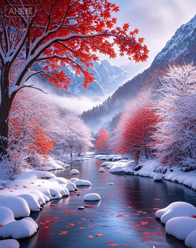 雪山彩林映湖光，一半秋意一半冬