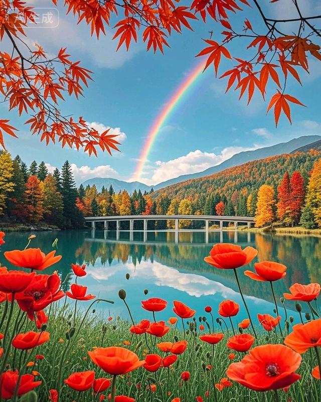 彩虹染秋林，花海醉湖山