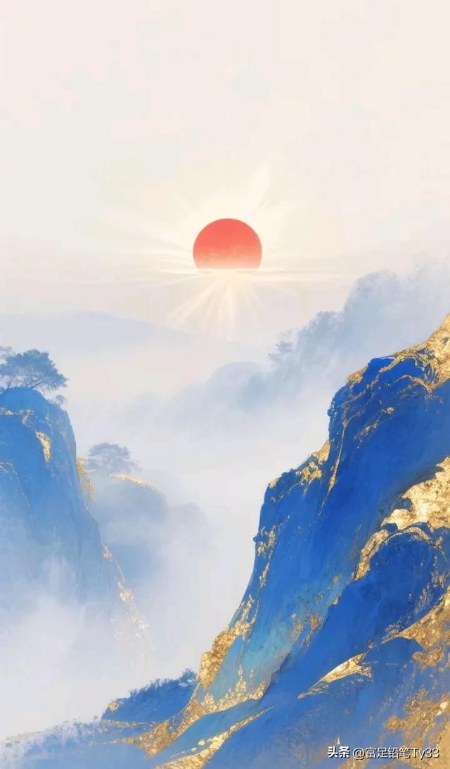 梦幻时分日西沉，云海翻涌浪波奔，金光闪耀天际处，瑰丽壮美动人