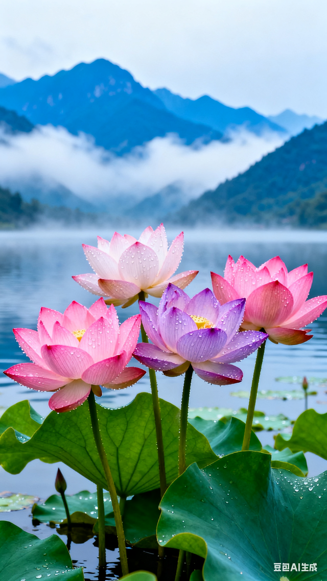 远山云雾、澄澈湖水，粉紫荷花带露，翠荷叶，景致醉美