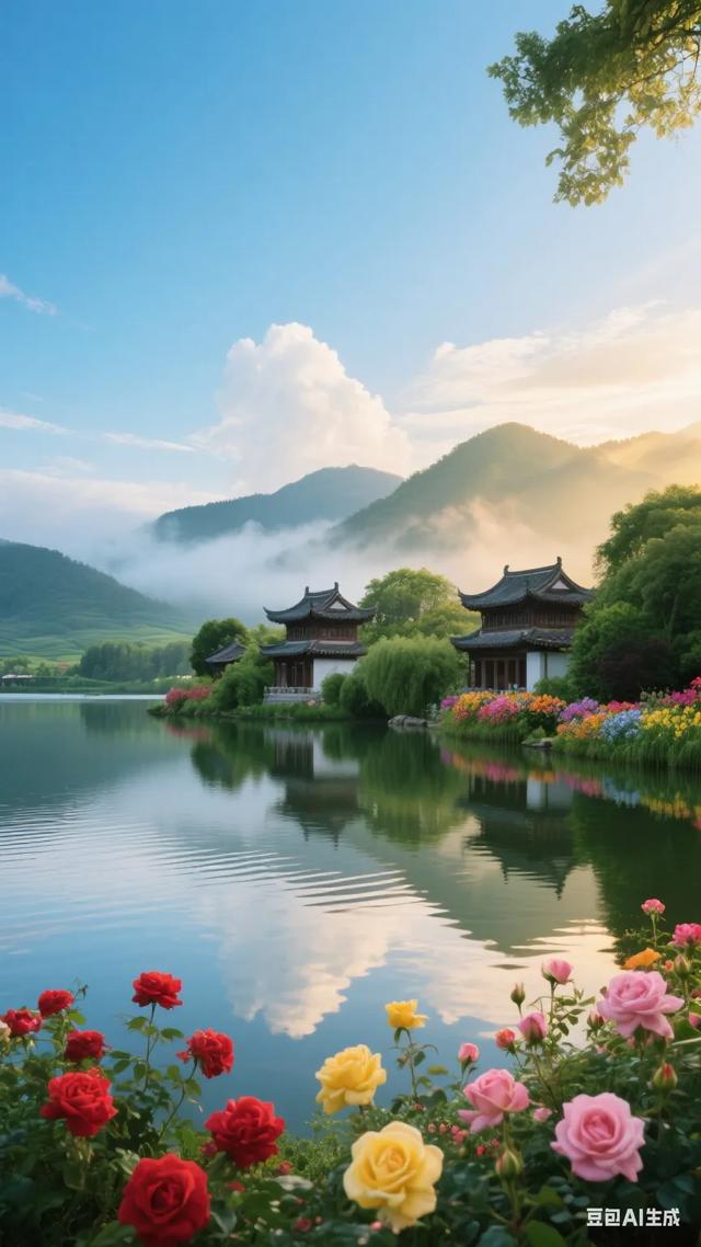 梦幻般的世外桃源，静谧的湖面倒映着古色古香的建筑，宛如仙境！
