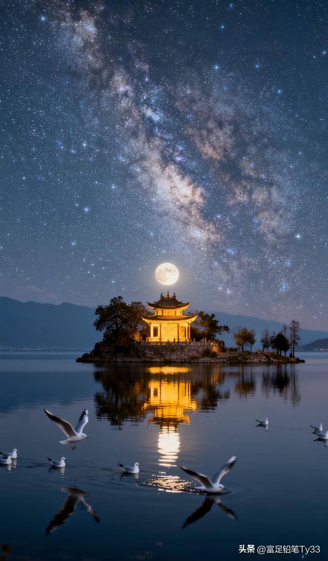 月光下的湖畔古塔，星河璀璨，宁静如画！