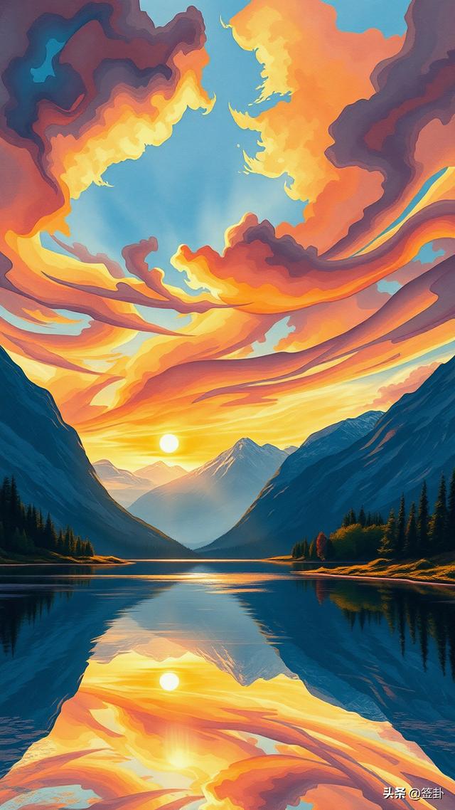 晚霞下的山川河流