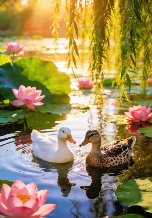 柳丝垂落映碧水，粉荷双鸭相映趣，这荷塘景色也太好看了吧！