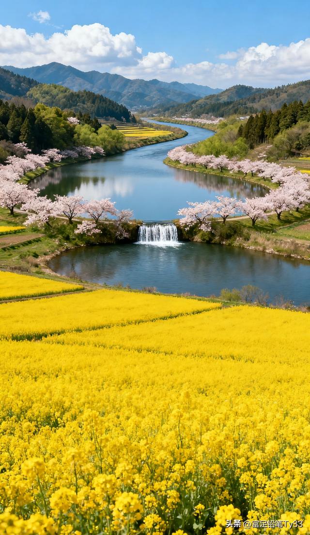 田园铺锦春光灿，花海翻波草色鲜，风拂柳丝摇梦幻斑斓春色醉心间