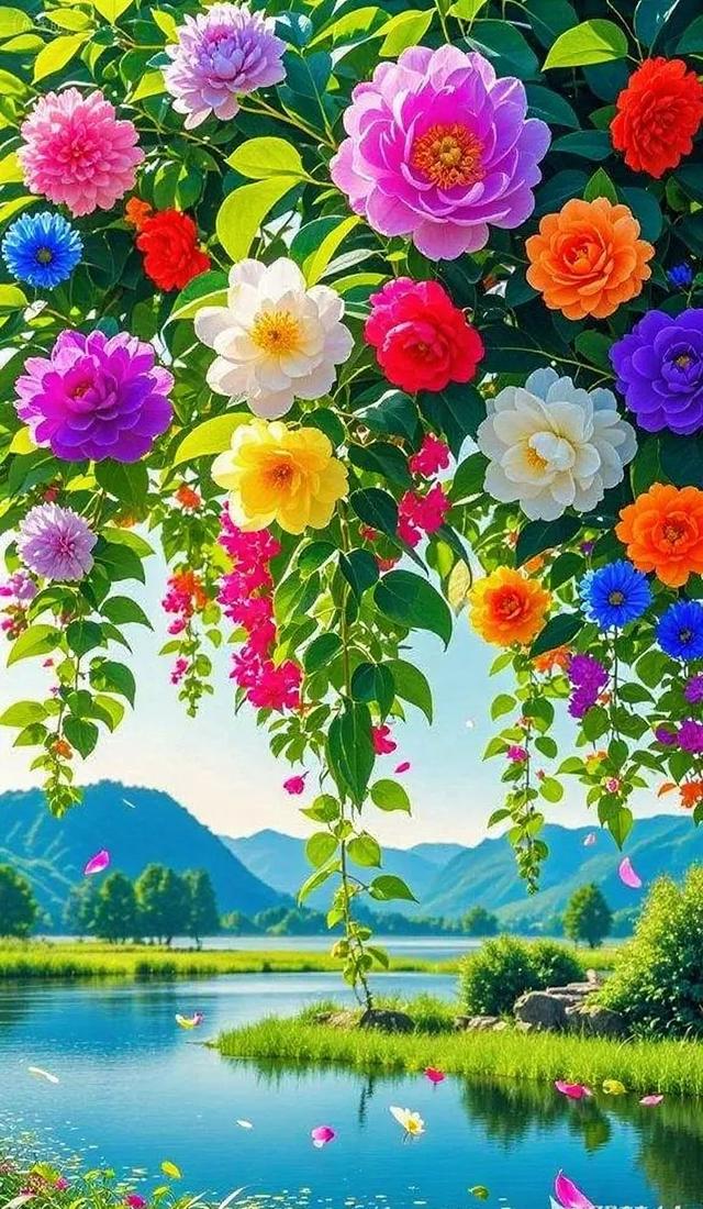 五彩繁花垂湖岸，山水共赏好风光