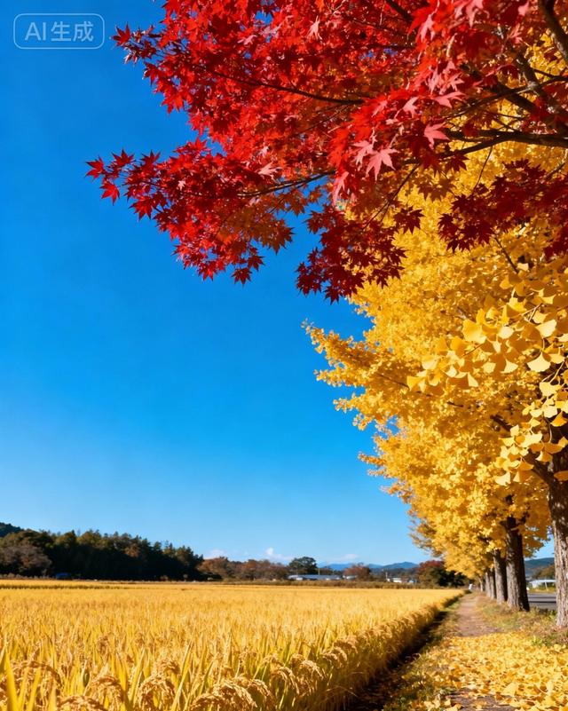 当蓝天撞了枫杏色，稻田就漾开了满季金黄