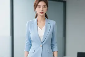 职场夏季穿搭：浅蓝色修身西装套装搭配干练马尾，身材优雅通勤风图片