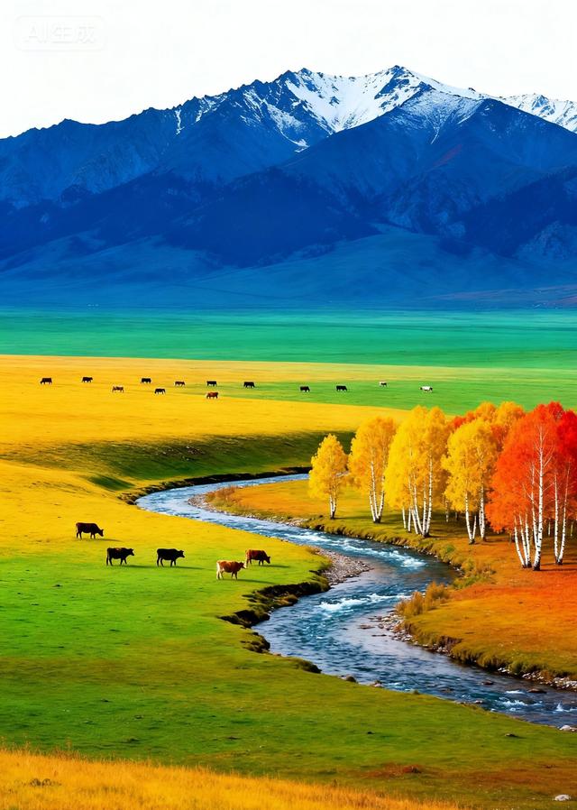 雪山下的秋野牧歌