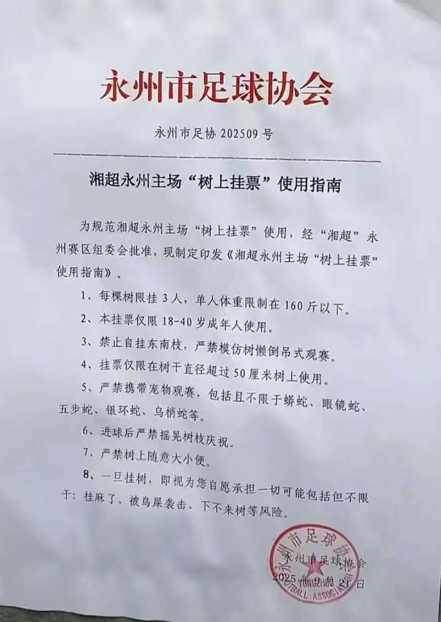 永州足协出台“树上挂票”使用指南
