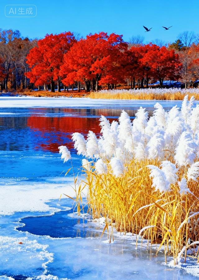 半冻冰湖映枫红，白芦摇霜，藏着秋冬交替的诗意