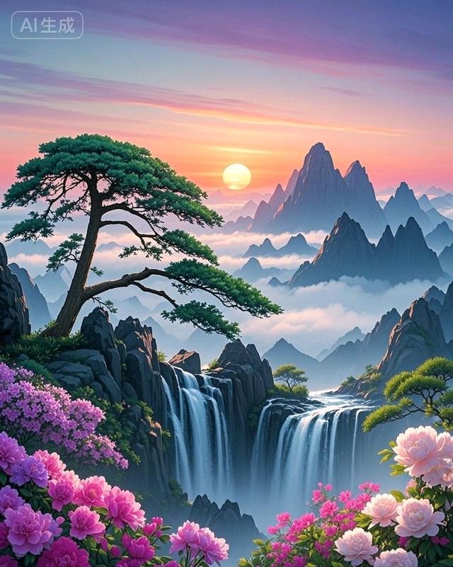 日出铺染云海，瀑落崖间，满坡花簇裹晨光，这山水仙境美极了