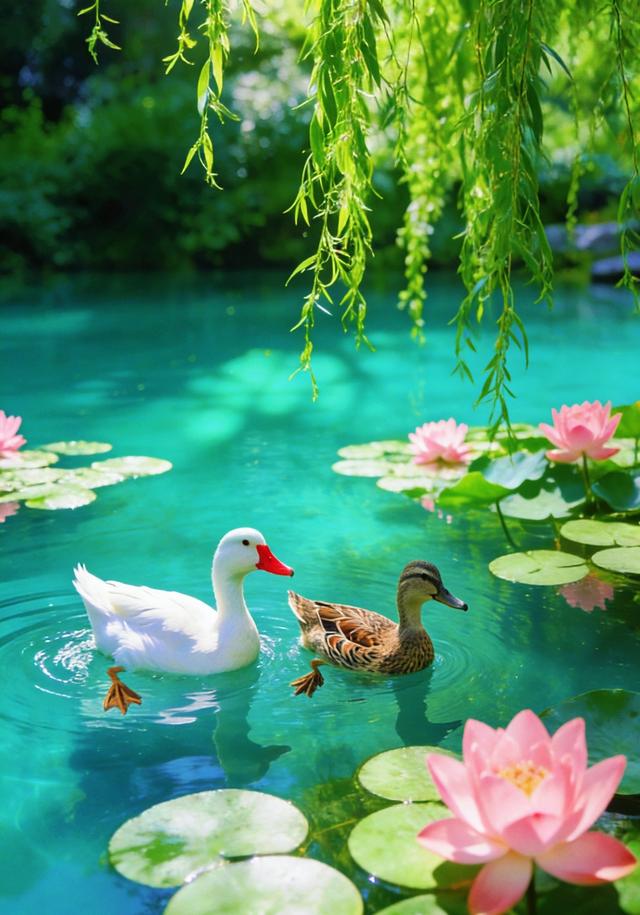 柳丝垂落映碧水，粉荷双鸭相映趣，这荷塘景色也太好看了吧！