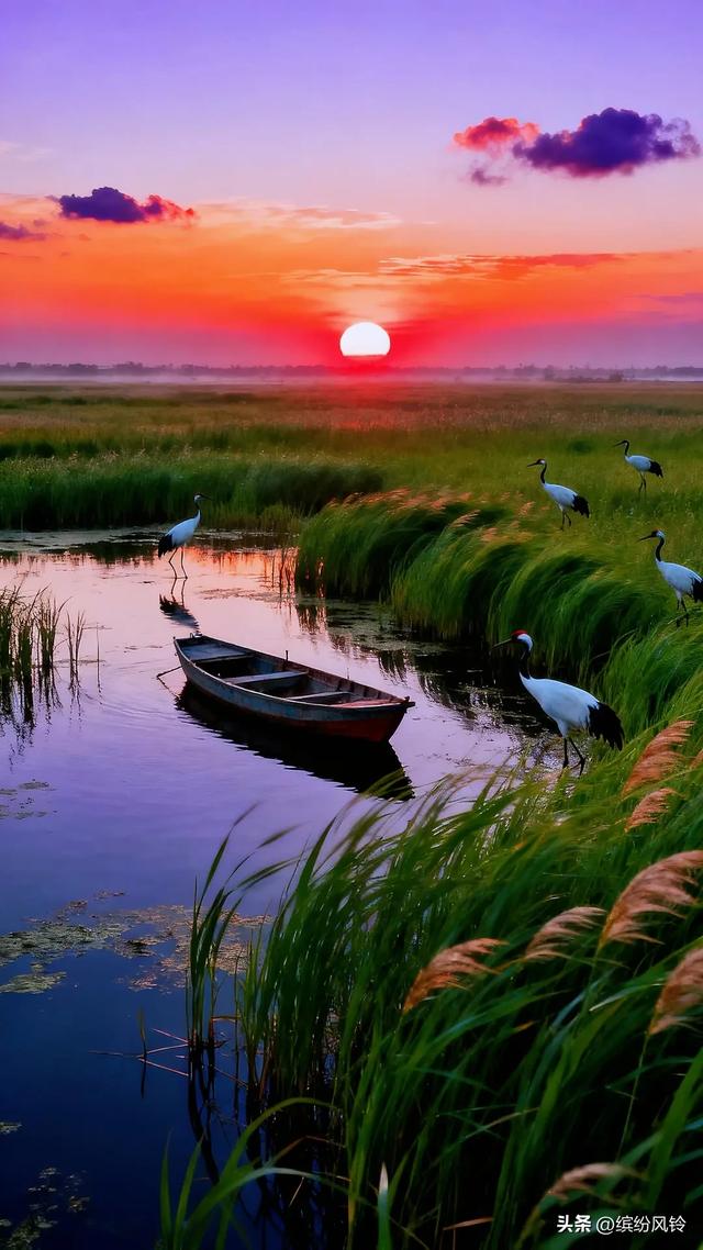 夕阳下的湿地，丹顶鹤在水畔翩跹