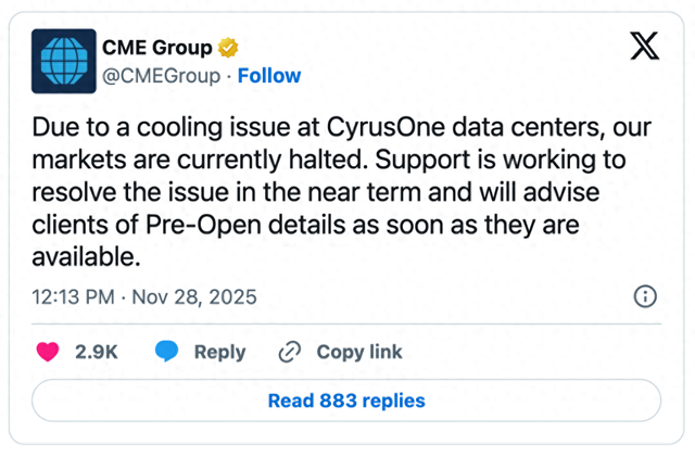 全球市场“摸黑飞行”！CME因“冷却问题”停摆数小时	，流动性骤降引发交易员愤怒