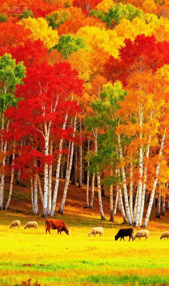 层林染金：秋野里的牛羊与彩树