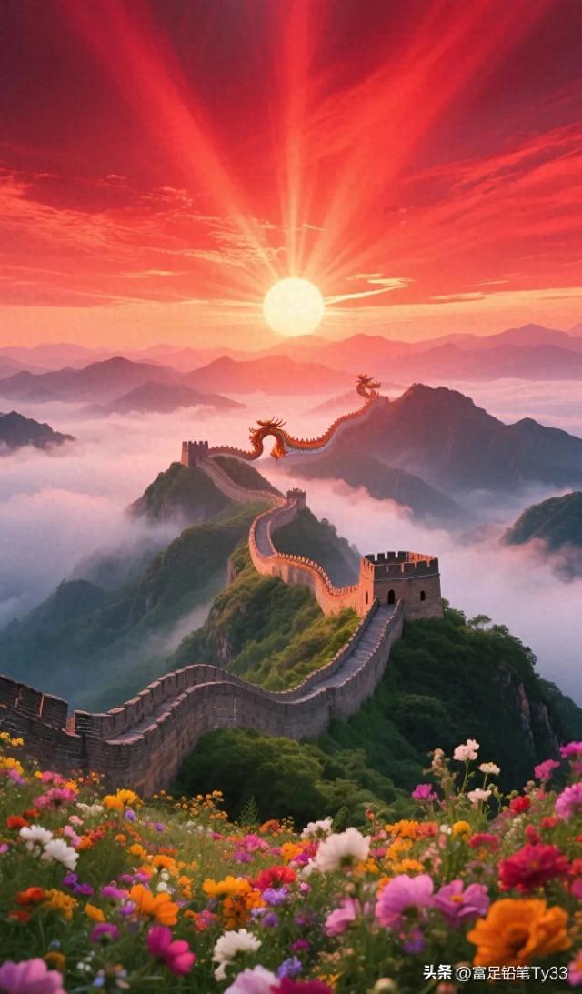 晨曦中的长城，如巨龙般蜿蜒盘旋，云海翻腾花海绚烂，美不胜收！