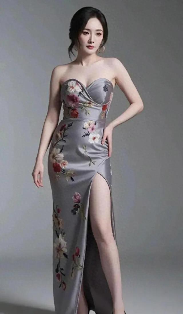 杨幂新造型杀疯了！水墨抹胸裙配高开叉，这身材也是没谁了