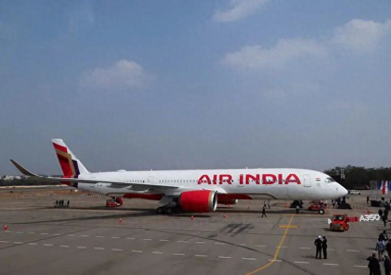 An Air India Airbus A350 aeroplane is displayed at Wings India 2024 aviation at Begumpet airport, Hyderabad, India, January 18, 2024. REUTERS/Almaas Masood