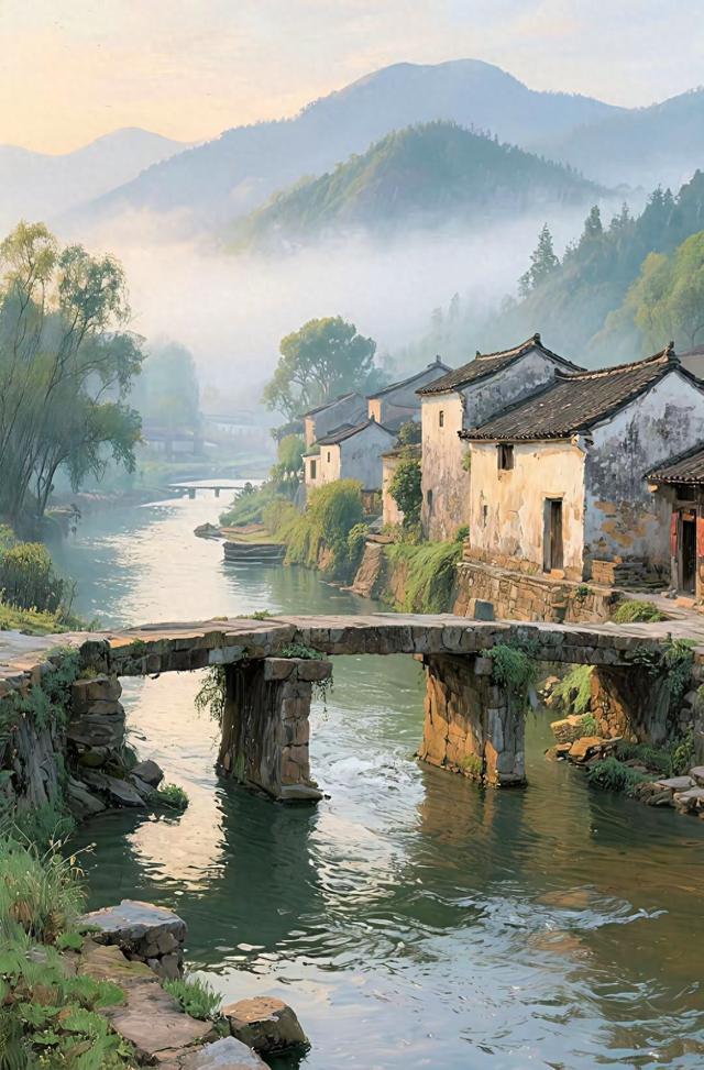 山在云雾中淡成青黛近伶在林间露出轮廓