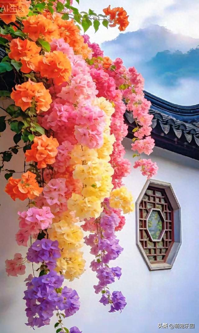 三角梅美得让人窒息，绚烂色彩如彩虹洒落，我完全不敢相信