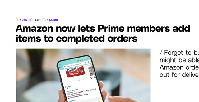 亚马逊推出新功能：Prime会员现可将商品添加至已发货订单