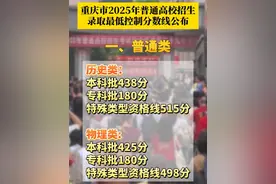 #重庆2025高考录取分数线公布 ，普通历史类：本科批438分，专科批180分，特殊类型资格线515分；物理类：本科批425分，专科批180分，特殊类型资格线498分。#媒体精选计划