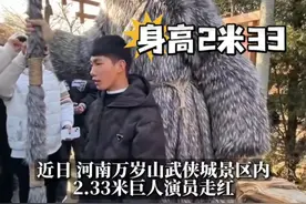 开封万岁山2.33米巨人演员走红，因身高过高，演出时需用棍子支撑走路。身旁1米65的“带刀侍卫”是他亲弟弟，景区：会重新编排节目，尽可能让他更舒适。#巨人症#巨人#身高2米#万岁山武侠城#万岁山巨人视频封面