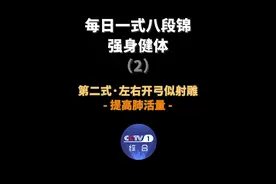 #跟着央视一套学练八段锦 【练习八段锦提高肺活量】今天教您八段锦第二式“左右开弓似射雕”，提高肺活量，增强肺功能。动作要点：①双手搭腕于列缺穴；②手变八字掌时掌根外撑，注意各手指位置。可以6次为一组，每天坚持2~3组。#强身健体来练八段锦视频封面