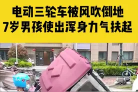 4月12日，河南新乡，小身板大能量！电动三轮车被风吹倒地，7岁男孩使出浑身力气扶起#河南dou知道 视频封面