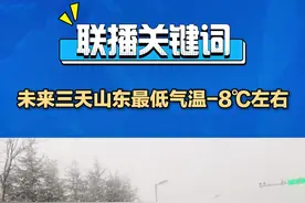 强冷空气从昨天开始影响山东，威海、烟台和青岛部分地区迎来降雪，其中威海局部达到暴雪级别，最大积雪深度超过20厘米。据省气象台最新预报，今天夜间到明天白天，烟台、威海天气逐步转晴，全省其他地区天气晴到少云。未来三天，全省气温持续走低，11日鲁中山区和半岛内陆地区最低-8℃左右，沿海地区-3℃，其他地区-6摄氏度左右。#山东 #未来三天山东最低气温零下8摄氏度左右视频封面