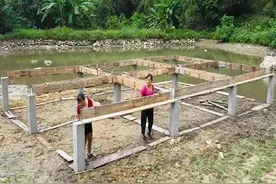 母女二人徒手在自家鱼塘中建造出一座悬空的房屋地基，手艺太牛了视频封面