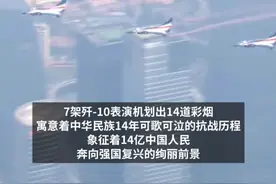 教练机梯队最后出场，接受检阅 7架歼-10在空中划出14道彩烟