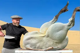 见识一下，迪拜土豪的大厨怎么把一只鸵鸟做美食，烹饪不放一滴水