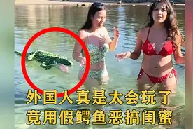 老外真会玩，女子竟用假鳄鱼恶搞闺蜜，吓得闺蜜连滚带爬！